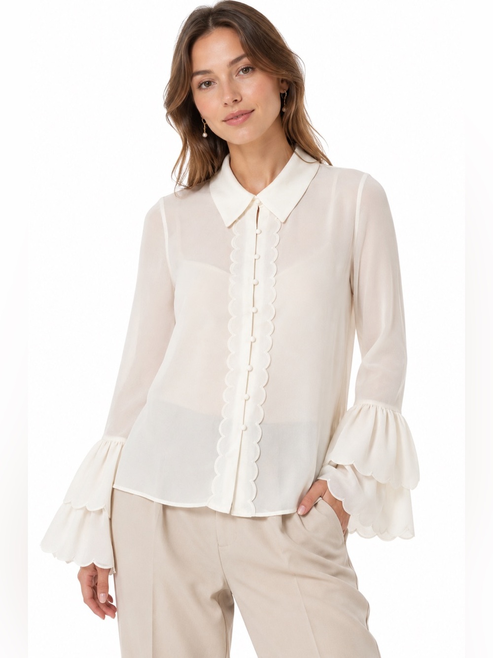 Feminine Piratecore Bell Sleeve Blouse Scalloped Regency Fairycore Romantic Airy